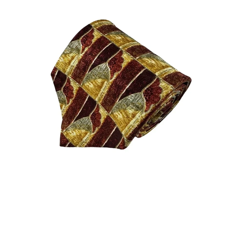 Ermenegildo Zegna Maroon Gold Motif Print Silk Tie 3.75 Inch Width Vintage